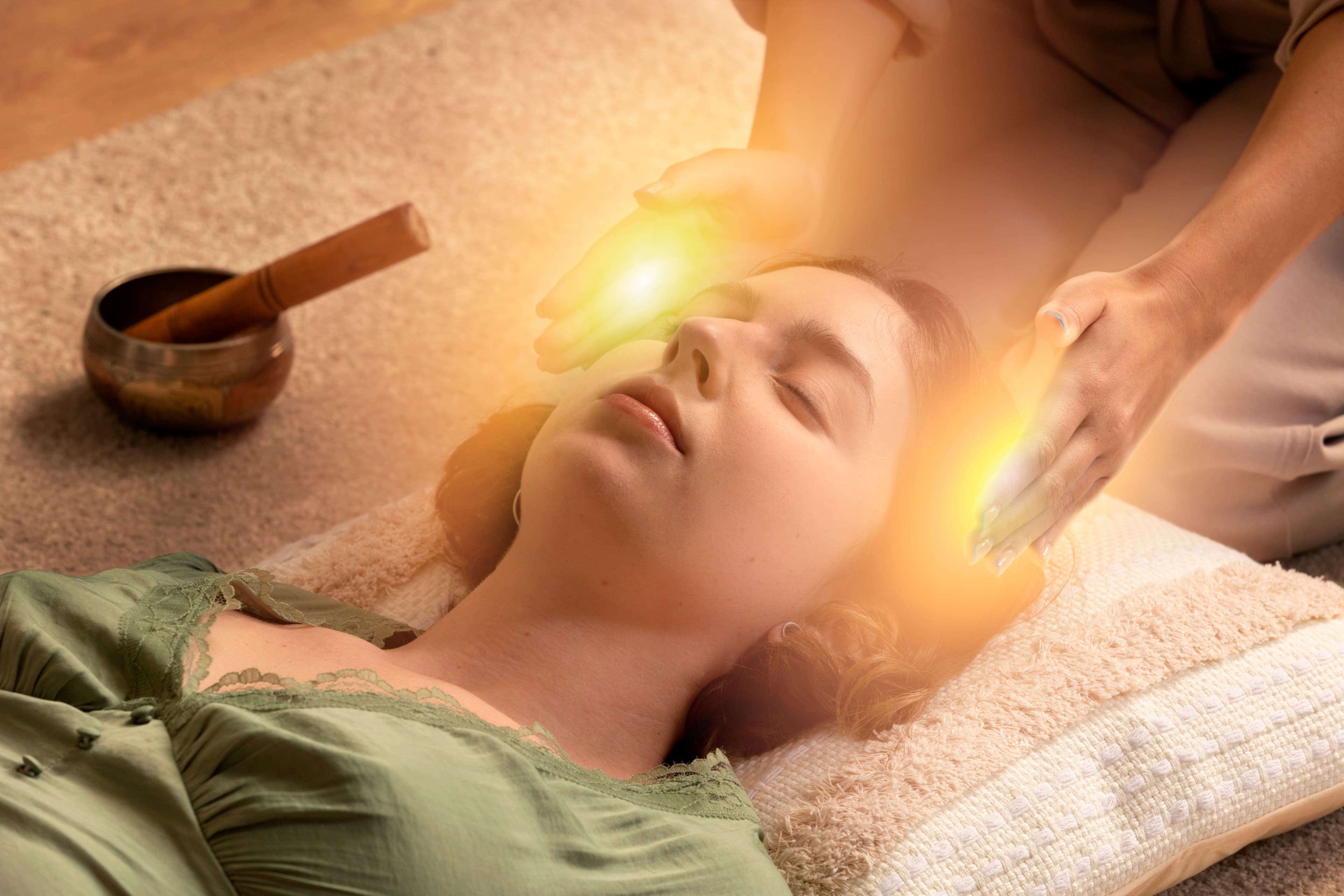A #1 Reiki master performing energy healing on a client in a serene room in Delhi.